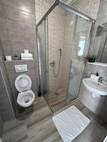 a bathroom with a shower and a toilet and a sink at Cold Bay Mansion Luxury Sea View Suites in Bar