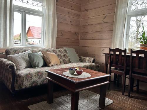 a living room with a couch and a table at Leśne PoBudki in Białowieża