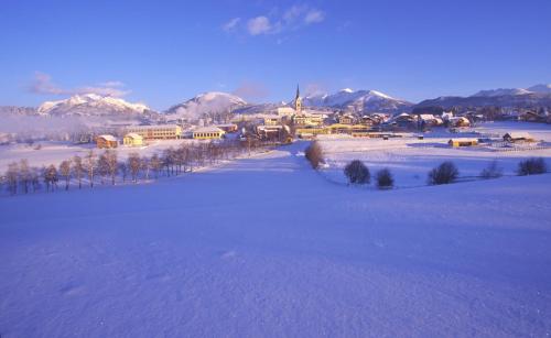 a snowy field with a town and mountains in the background at Familien-Appartements Örglwirt's Gut in Mariapfarr