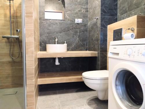 a bathroom with a toilet and a sink and a washing machine at Garden Apartment in Wieliczka