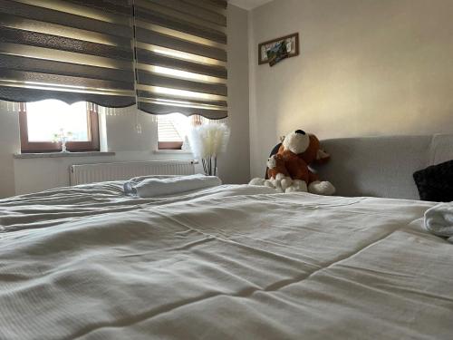 un oso de peluche sentado en la parte superior de una cama blanca en Ferienwohnung in der schönen Rhön, en Stadtlengsfeld