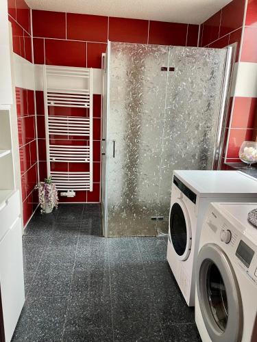 a washing machine in a bathroom with a shower at Ferienwohnung in der schönen Rhön in Stadtlengsfeld