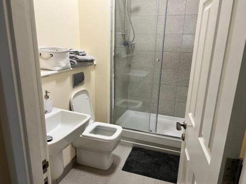 a bathroom with a shower and a toilet and a sink at Two Bed Town Apartment in Rotherham