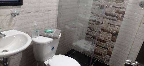 y baño con aseo, lavabo y ducha. en Apartamento muy amplio, Familiar cerca al Aeropuerto el Dorado, en Bogotá