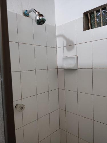 a bathroom with a shower with white tiles at Hosteria Puerta del Nus in Cisneros