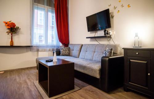 ein Wohnzimmer mit einem Sofa und einem TV in der Unterkunft Budapest Rooms Bed and Breakfast in Budapest