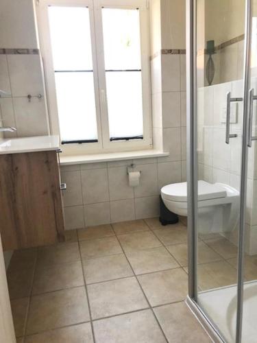 een badkamer met een douche, een toilet en een raam bij Villa Martha FW Erika in Wustrow