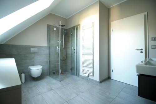 een badkamer met een douche, een toilet en een wastafel bij Haus Strandkieker Whg 4 in Neuhaus