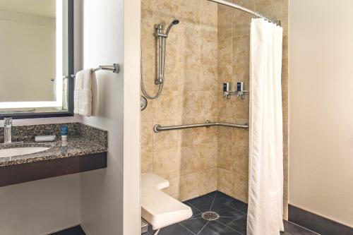 a bathroom with a shower with a toilet and a sink at Four Points by Sheraton Kalamazoo in Kalamazoo