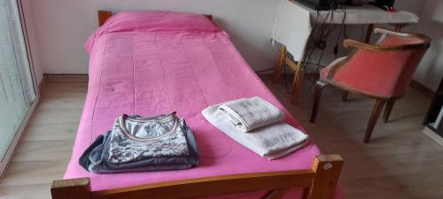 a bed with a pink sheet and a bag on it at Terraza a la Barda in Neuquén