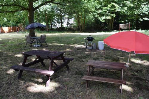 una mesa de picnic y bancos con una sombrilla roja en Potting Shed en Shadoxhurst