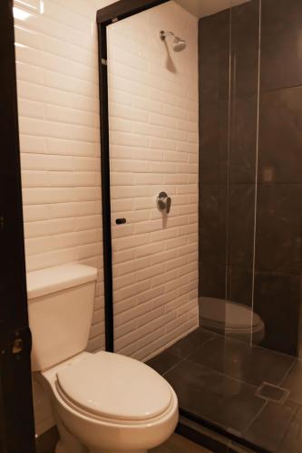 a bathroom with a toilet and a shower at Hotel Capitalino in Pachuca de Soto