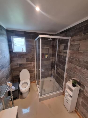 a bathroom with a toilet and a shower at Cabaña in Ancud
