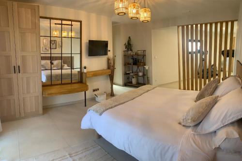 a bedroom with a large white bed and a television at Chambres au calme avec piscine et jacuzzi in Valros
