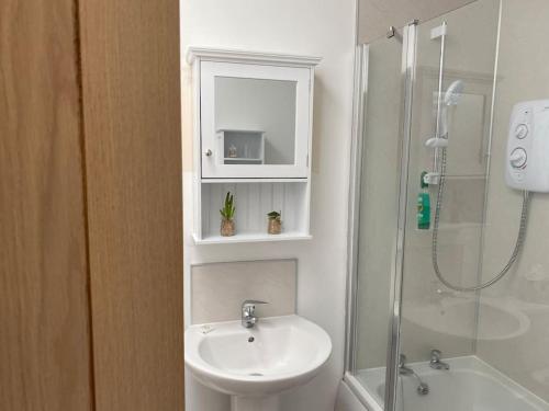 a white bathroom with a sink and a shower at The Burrow, Langholm, Dumfries and Galloway in Langholm