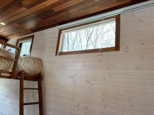 a tiny house with a window and a ladder at サウナバーベキュージャグジー完全貸し切りという贅沢大人の秘密基地#01 in Miyota