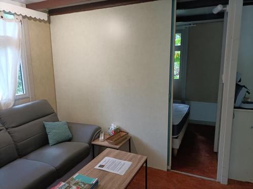 a living room with a couch and a table at Les Cabanes du Voyageur in Sainte-Marie