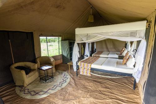 1 dormitorio en una tienda de campaña con 1 cama y 1 silla en Serengeti Wild Camp, en Serengeti