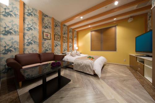 Kimiidera的住宿－HOTEL AUBE，一间卧室配有一张床、一张沙发和一台电视。
