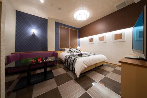 Kimiidera的住宿－HOTEL AUBE，一间卧室配有一张床、一张沙发和一台电视