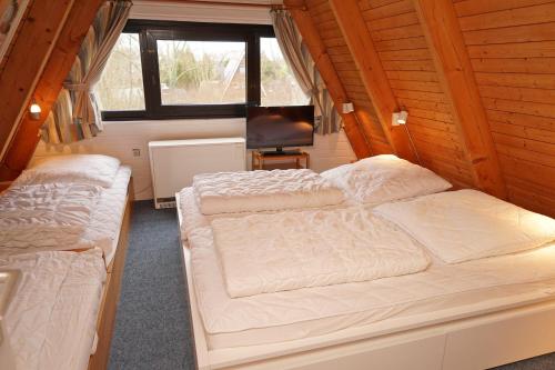 a bedroom with two beds and a television in a cabin at Zeltdachhaus mit TV im Schlafzimme in Damp