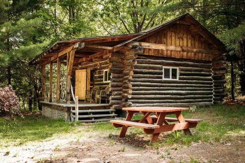 eine Holzhütte mit einem Picknicktisch davor in der Unterkunft Rustic Ridge in Penn Yan