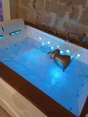 a dog laying in a hot tub with blue lights at Relax Santa Cecilia in Gravina in Puglia