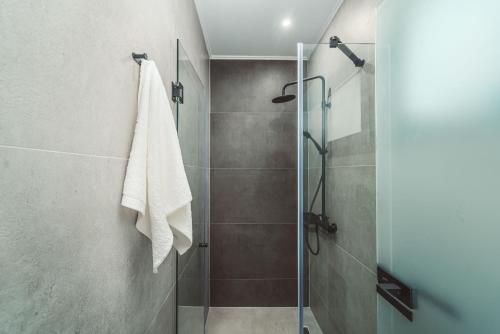 a bathroom with a shower with a glass door at Dama Olga Villas in Lygia
