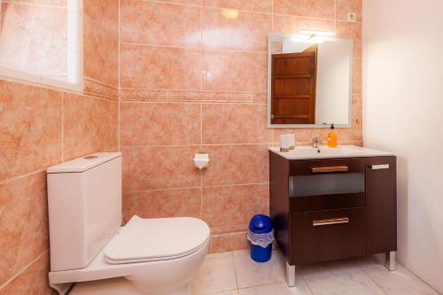 a bathroom with a toilet and a sink and a mirror at App mit Dachterrasse Panoramablick in Son Macia