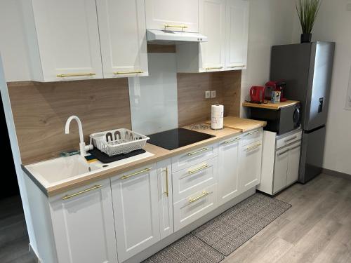 a kitchen with white cabinets and a sink and a refrigerator at House with terrace près de l'Aéroport RoissyCDG - Tour Eiffel - Champs Elysée - Paris - Aéroville centre commercial - Parc Astérix - Disneyland Paris - Mer de sable - Châteaux de Chantilly et Ecouen - Parc des expositions Villepinte - Le Bourget in Le Thillay