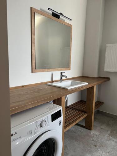 a bathroom with a sink and a washing machine at Villas Kozilis - Kozilis Estate in Damnoni