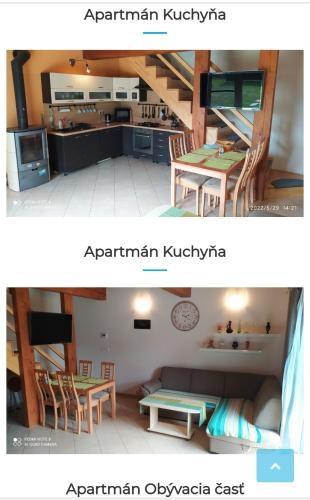 two pictures of a kitchen and a living room at Apartmán Sisi in Hrabušice