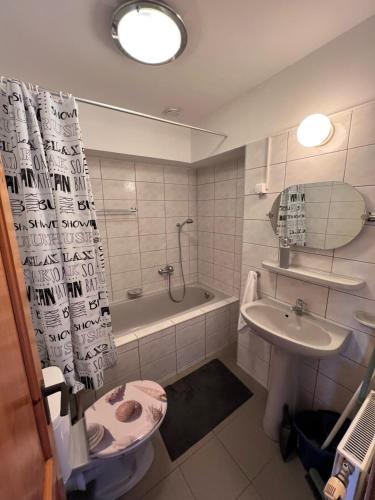 La salle de bains est pourvue de toilettes, d'un lavabo et d'une douche. dans l'établissement Simple Apartman, à Siófok