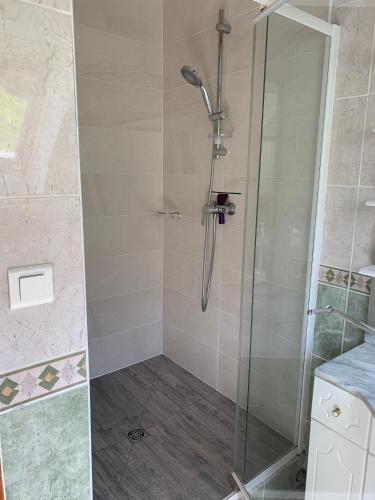 une cabine de douche avec une porte vitrée dans une salle de bain dans l'établissement Bergerie rénovée au coeur des Pyrénées, à Campan