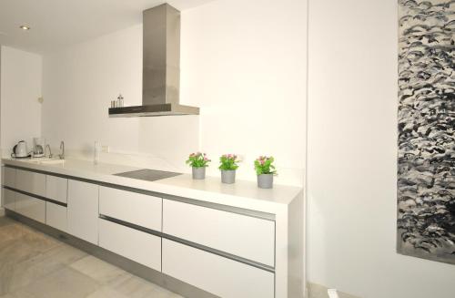 a kitchen with white cabinets and potted plants at Colonia Sea Holiday in Colonia Sant Jordi