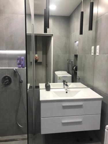 a bathroom with a sink and a shower at London Apartman Szeged in Szeged