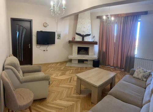 uma sala de estar com um sofá e uma lareira em House Magda em Batumi