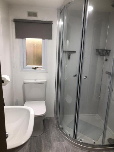 a bathroom with a shower and a toilet and a sink at 8F Lakeside Lodge Caer Beris Builth Wells in Builth Wells