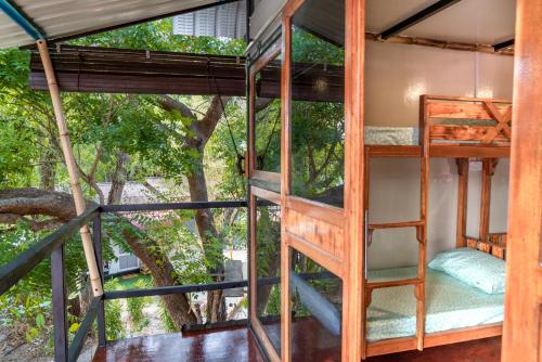 um quarto com beliches e uma árvore em Bunga Hostel em Pantai Cenang