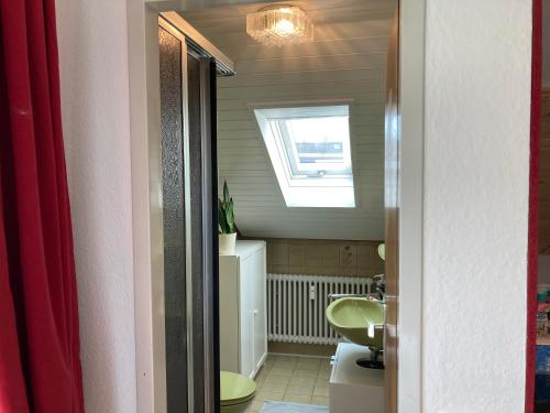 bagno con servizi igienici e lavandino con lucernario di Haus Hanni a Höchenschwand