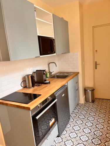 une cuisine avec un évier et une cuisinière four supérieur dans l'établissement Le Petit Flaubert, à Trouville-sur-Mer