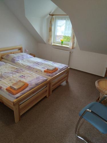 a bedroom with two beds and a chair and a window at Penzion HORTENZIE in Úsilné