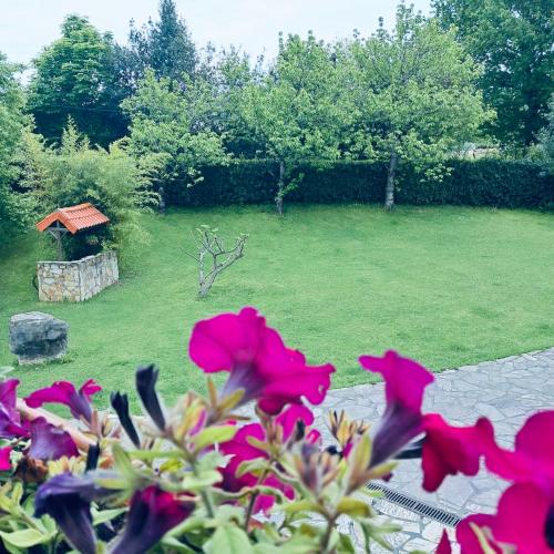 a view of a garden with pink flowers in the foreground at Caserio Kamirune in Laukiz