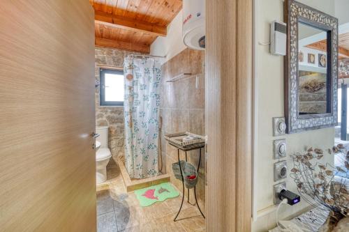 a bathroom with a toilet and a mirror at Magical view, Villa Asproneri, Kamena Vourla in Kamena Vourla