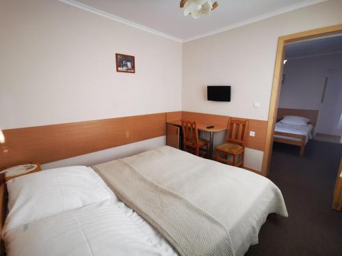 a bedroom with a bed and a table and a chair at Willa Hamernik AGROTURYSTYKA in Tylicz