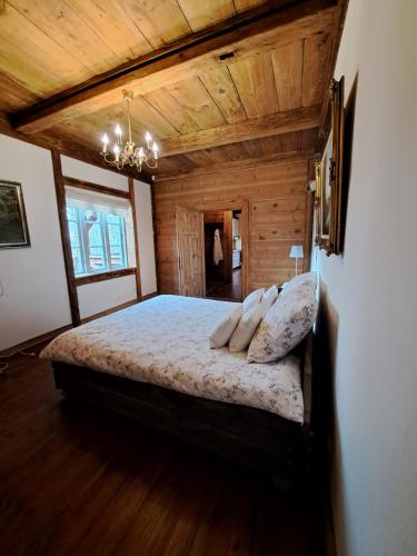 um quarto com uma cama e um tecto em madeira em Sosnowy Domek em Harasiuki