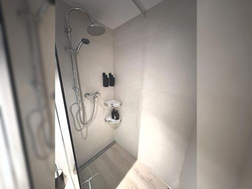 a shower in a bathroom with a walk in shower at JobelHome Alb Apartment in Bad Urach