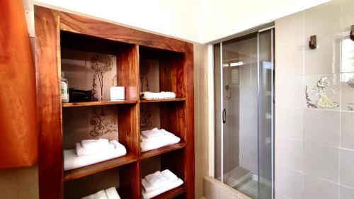 uma casa de banho com prateleiras de madeira, toalhas e um chuveiro em Poggio alla Pietra 26 em Porrona