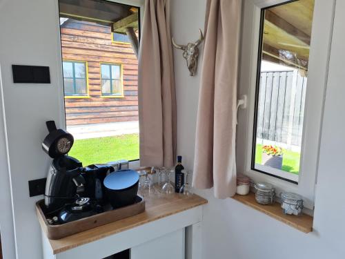eine Küche mit einem Waschbecken und einem Fenster in der Unterkunft 't Hûske in Venhorst