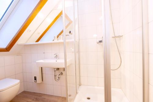 a bathroom with a shower and a sink at Kettelhack Appartement -Kc- im KETTELHACK in Langeoog